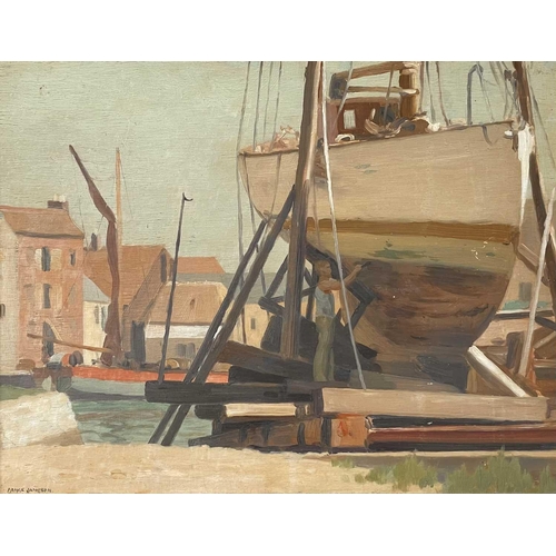 127 - Frank JAMESON (1899-1968) Penryn Boatyard Oil on panel, signed, 34.5 x 45cm, 45 x 55cm framed.