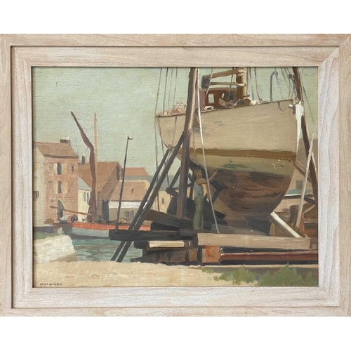 127 - Frank JAMESON (1899-1968) Penryn Boatyard Oil on panel, signed, 34.5 x 45cm, 45 x 55cm framed.