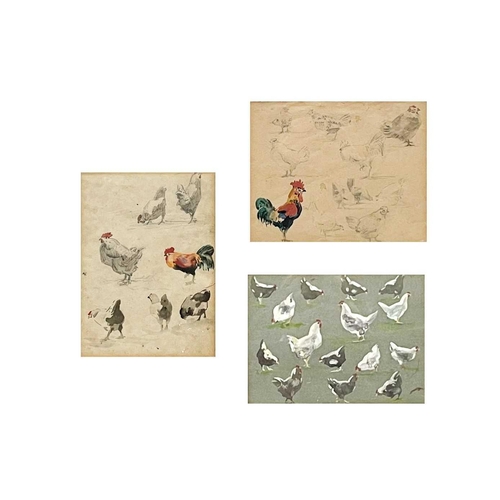 149 - John Gutteridge SYKES (1866-1941) Chickens, circa 1930 Three individually framed works, each 12.5 x ... 