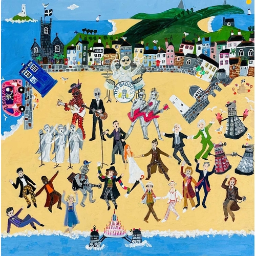 154 - Jenny BIRCHALL (XX-XXI) Dr Who's 50th Birthday Gouache on wood, signed and titled to verso, 60cm x 6... 