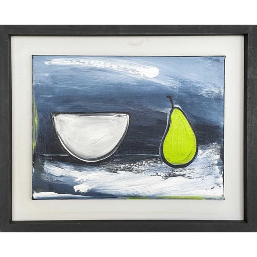 166 - Iona SANDERS (1973) White Bowl & Pear Oil on canvas Signed, titled and dated '18 to the verso 30cm x... 