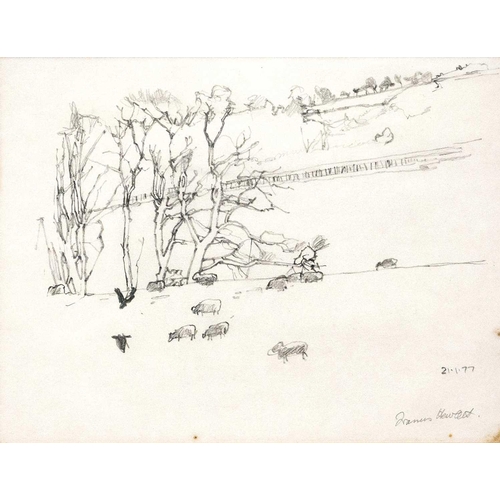 174 - Francis HEWLETT (1930-2012) Crows and Sheep Graphite on paper, signed and dated 21.1.77, Welsh Arts ... 