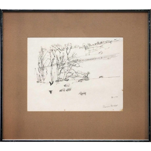 174 - Francis HEWLETT (1930-2012) Crows and Sheep Graphite on paper, signed and dated 21.1.77, Welsh Arts ... 