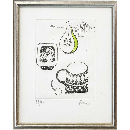 26 - Mary FEDDEN (1915-2012) Untitled Pear and Mug Coloured etching Signed and numbered 49/100 17cm x12.5... 