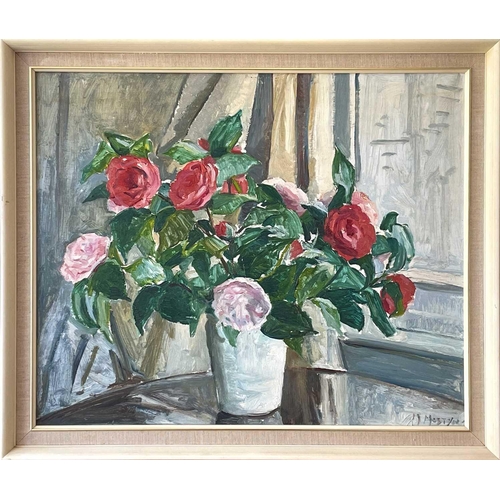 46 - Marjorie MOSTYN (1893-1979) Still Life - Camelias in a Vase Oil on board Signed 47 x 57cm, 54.5cm x ... 