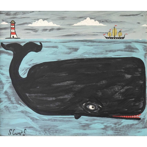 68 - Stephen CAMPS aka Scamps (Cornish Naïve School, 1957) A Large Whale, A Lighthouse and A Boat Oil on ... 