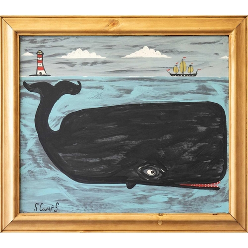 68 - Stephen CAMPS aka Scamps (Cornish Naïve School, 1957) A Large Whale, A Lighthouse and A Boat Oil on ... 