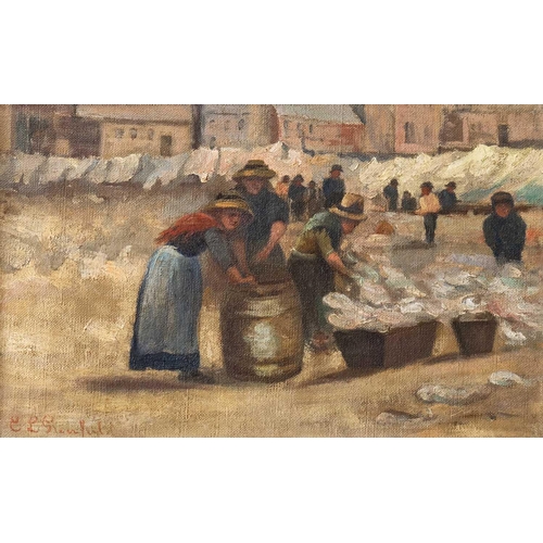 76 - Emily Latham GREENFIELD (1845-1902) Sorting the Catch Oil on canvas, signed, 21 x 34cm, 39 x 51.5cm ... 