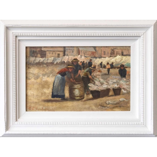 76 - Emily Latham GREENFIELD (1845-1902) Sorting the Catch Oil on canvas, signed, 21 x 34cm, 39 x 51.5cm ... 