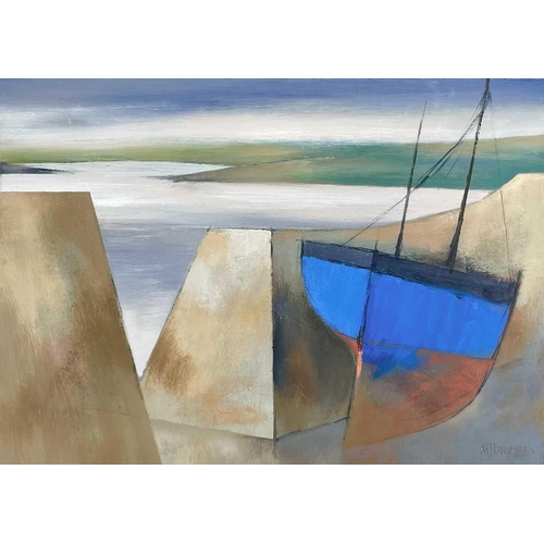 87 - Michael J.PRAED (1941) Blue Boat, Harbour Entrance Oil on board, signed, further signed and inscribe... 