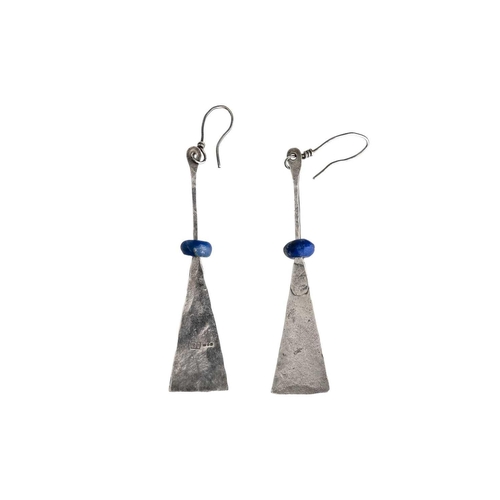 93 - Bryan ILLSLEY (1937) Silver earrings with lapis beads Stamped BI, drop 6cm. Provenance - Purchased a... 