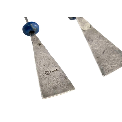 93 - Bryan ILLSLEY (1937) Silver earrings with lapis beads Stamped BI, drop 6cm. Provenance - Purchased a... 