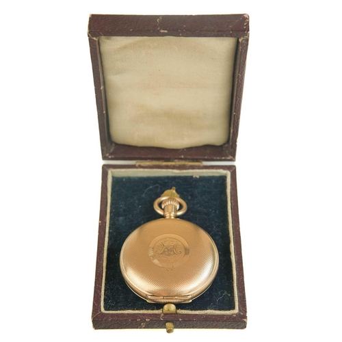 43 - WALTHAM - A rose gold plated full hunter crown wind fob pocket watch. The signed 28mm dial with Roma... 