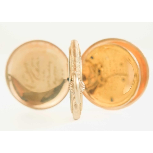 43 - WALTHAM - A rose gold plated full hunter crown wind fob pocket watch. The signed 28mm dial with Roma... 