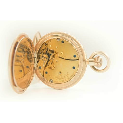 43 - WALTHAM - A rose gold plated full hunter crown wind fob pocket watch. The signed 28mm dial with Roma... 