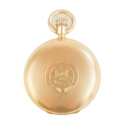 43 - WALTHAM - A rose gold plated full hunter crown wind fob pocket watch. The signed 28mm dial with Roma... 