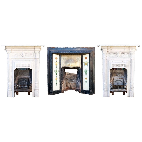 107 - A Victorian cast iron and brass fire insert, with tiled panels. Height 97cm, width 96cm. Together wi... 