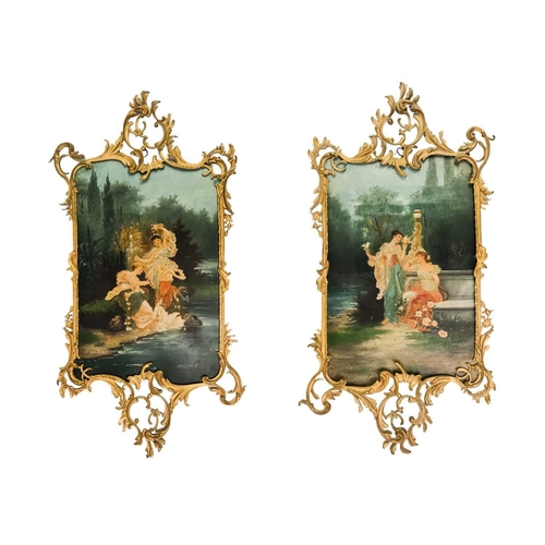 115 - A pair of French toleware pictures. 19th century, in the 18th century taste within ornate gilt metal... 