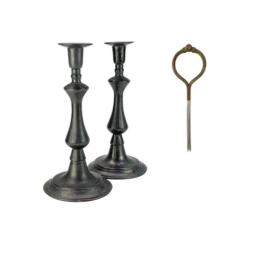 125 - A pair of Georgian style pewter baluster candlesticks. Circa 1900, height 29cm, together with a pair... 