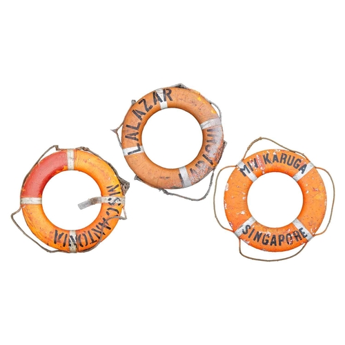 127 - Three ships life rings/buoys. The largest 80cm in diameter. Diameter 75cm.