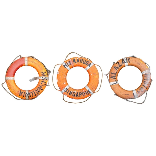 127 - Three ships life rings/buoys. The largest 80cm in diameter. Diameter 75cm.