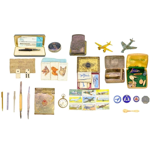 130 - A small box of miscellanea. Including a Dinky Hawker Hunter and a light racer diecast airplane, a se... 