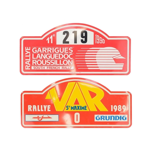 131 - Two French colour lithograph car rally signs. Dated 1989, and 1990, width 43cm (2).