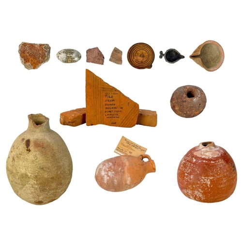 141 - A collection of various pottery from Antiquity and later. Including an iridescent glass egg. (Box) M... 