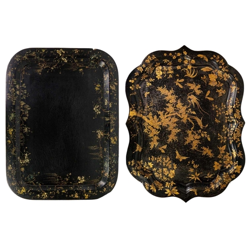 146 - A Victorian paiper mache lacquered serving tray. 82cm x 63cm together with another papier mache lacq... 