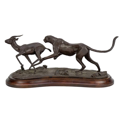 154 - Tim Nicklin (20th century) A bronze group of a cheetah in pursuit of a gazelle, signed, dated 1981, ... 