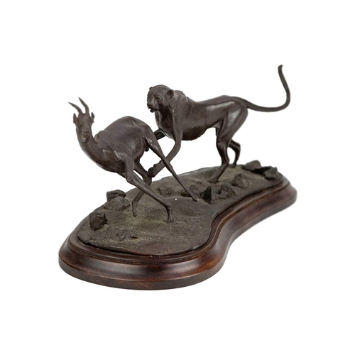 154 - Tim Nicklin (20th century) A bronze group of a cheetah in pursuit of a gazelle, signed, dated 1981, ... 