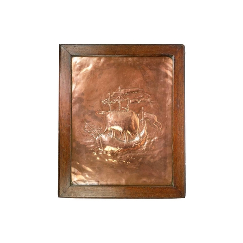 159 - An Arts and Crafts copper rectangular panel. Circa 1910, repousse decorated with a sailing vessel on... 