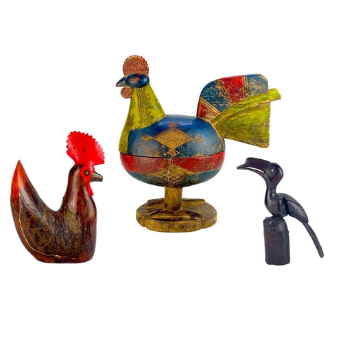 162 - A wood-carved and painted box in the form of a hen. Height 46cm, another wood carved rooster and a w... 