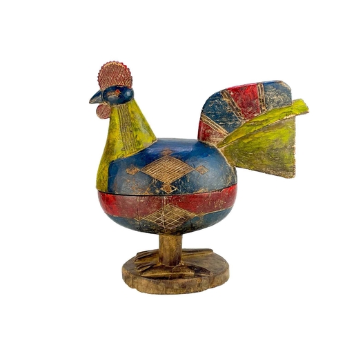 162 - A wood-carved and painted box in the form of a hen. Height 46cm, another wood carved rooster and a w... 