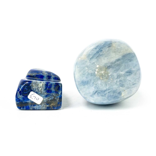 172 - Two polished mineral specimens. To include a polished blue calcite mineral specimen, height 18.5cm a... 