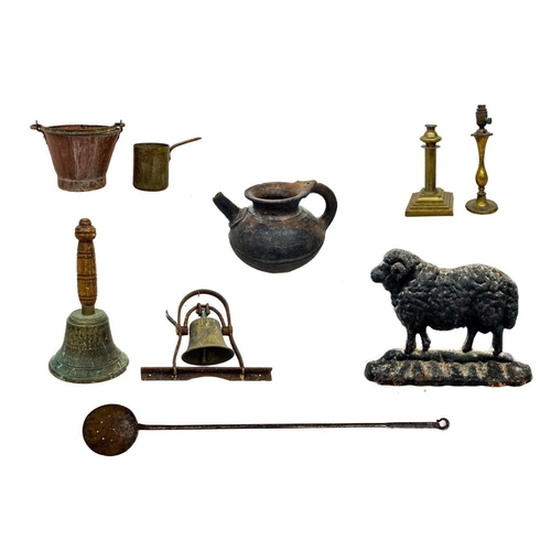 2 - A cast iron doorstop in the form of a ram. Together with various salvage including a shop bell, a br... 