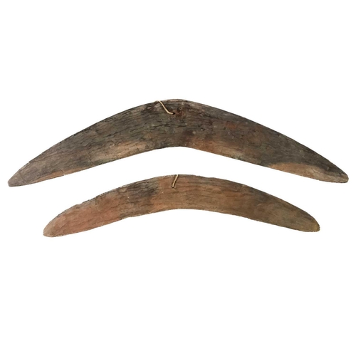 218 - Two Australian Aboriginal boomerangs. With chip carved decoration, the longest 62cm.