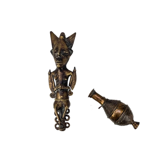 235 - A West African possibly Yaruba bronze figure. Height 25cm together with a Benin bronze flask, Ashant... 