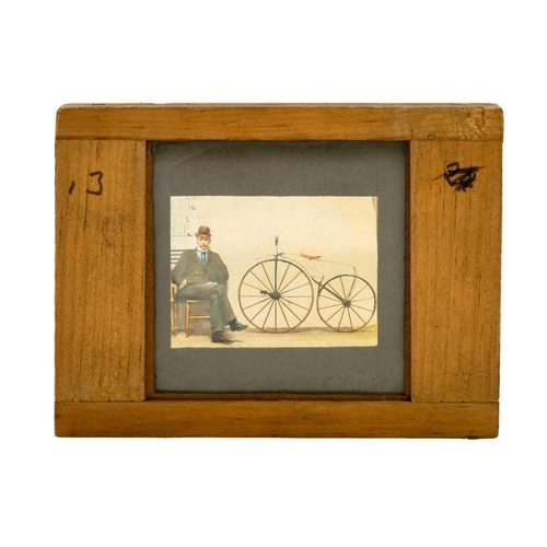 24 - A collection of 33 magic lantern slides. Depicting the History of the bicycle with a laminated list ... 