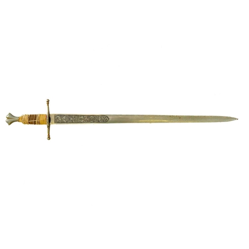 246 - A reproduction sword, with a wavy blade. Length 120cm, and another similar sword (2).