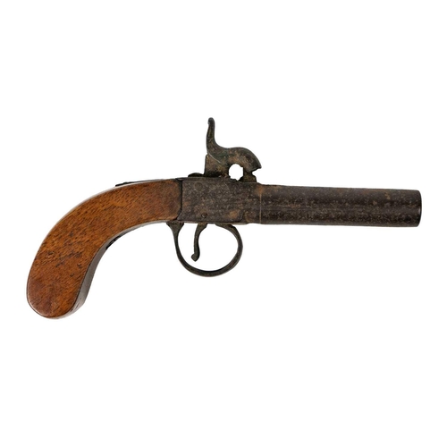 250 - A percussion pocket pistol. Circa 1840, with 7cm barrel, plain walnut butt, indistinct proof mark to... 