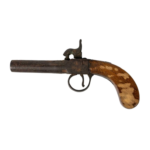 250 - A percussion pocket pistol. Circa 1840, with 7cm barrel, plain walnut butt, indistinct proof mark to... 