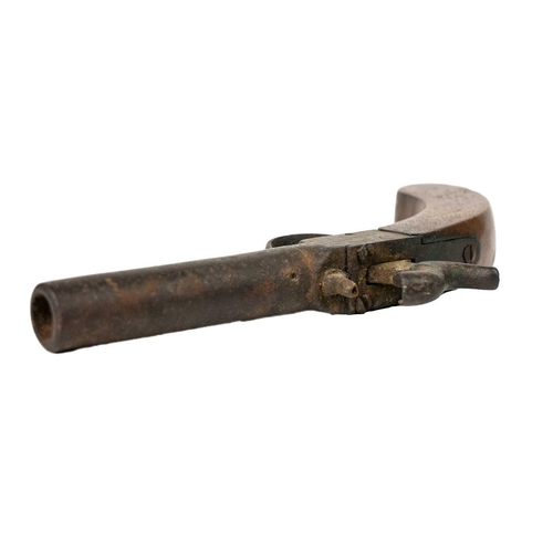 250 - A percussion pocket pistol. Circa 1840, with 7cm barrel, plain walnut butt, indistinct proof mark to... 