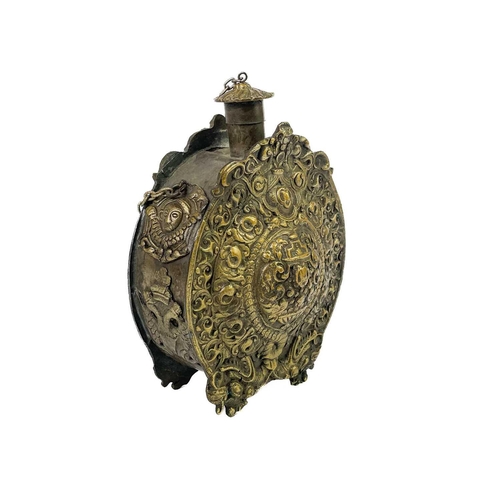 256 - A cast brass Russian powder flask and cover. 19th century, each face decorated with entwined dragons... 