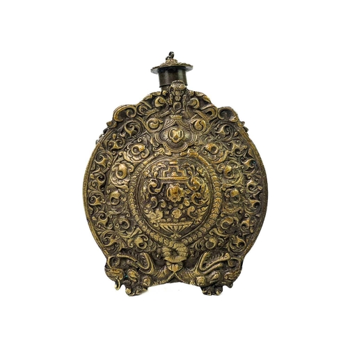 256 - A cast brass Russian powder flask and cover. 19th century, each face decorated with entwined dragons... 