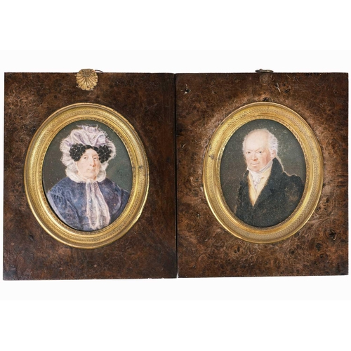 265 - A pair of 19th century oval portrait miniatures of Mr and Mrs Samuel Hawkins. He sports a yellow wai... 