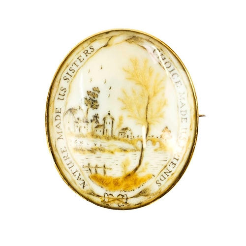 269 - A George III oval memento mori brooch. Painted and applied with trees and buildings beside a river a... 