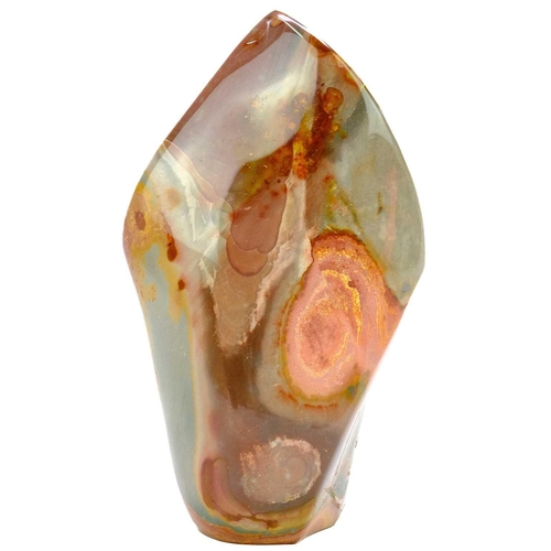 27 - Five polychrome jasper mineral specimens. All free form, polished, free-standing with one flat face.... 