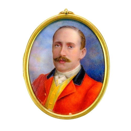 272 - William Soper. An enamel oval portrait miniature of a gent, in a red coat and yellow waistcoat, sign... 