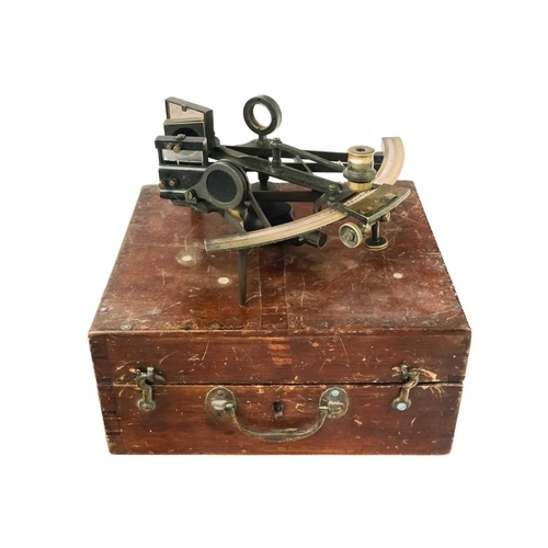 291 - A 19th century brass and lacquered sextant. Contained in a mahogany stow case (lid detached), width ... 